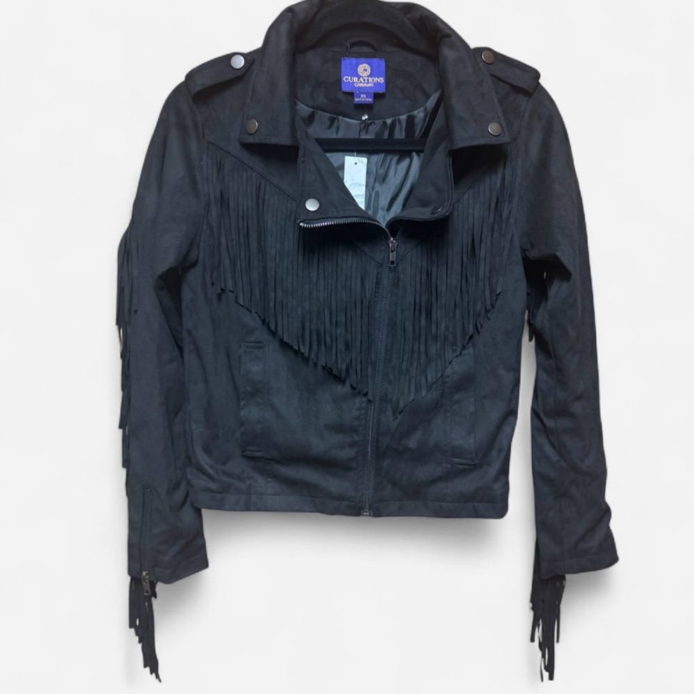 Black Curations Caravan Faux Suede Fringe Biker Jacket